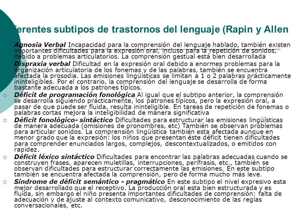 Diferentes subtipos de trastornos del lenguaje (Rapin y Allen