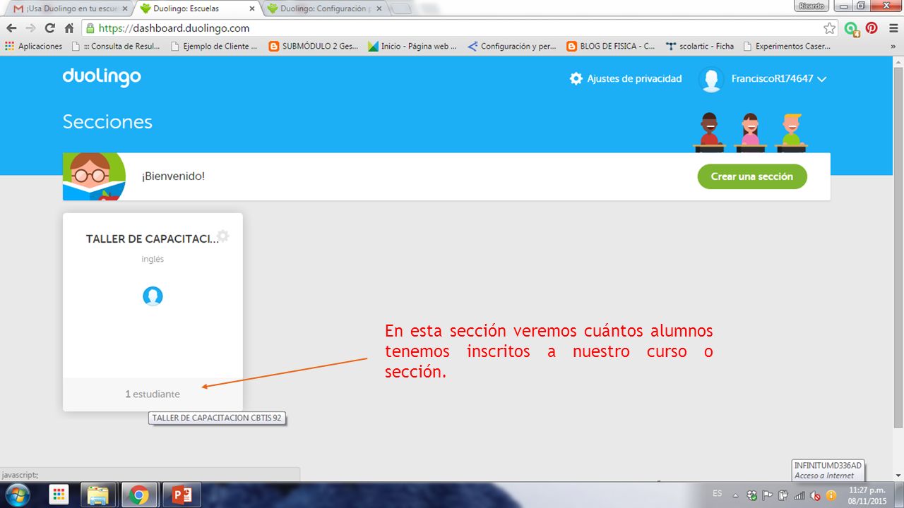 En esta sección veremos cuántos alumnos tenemos inscritos a nuestro curso o sección.