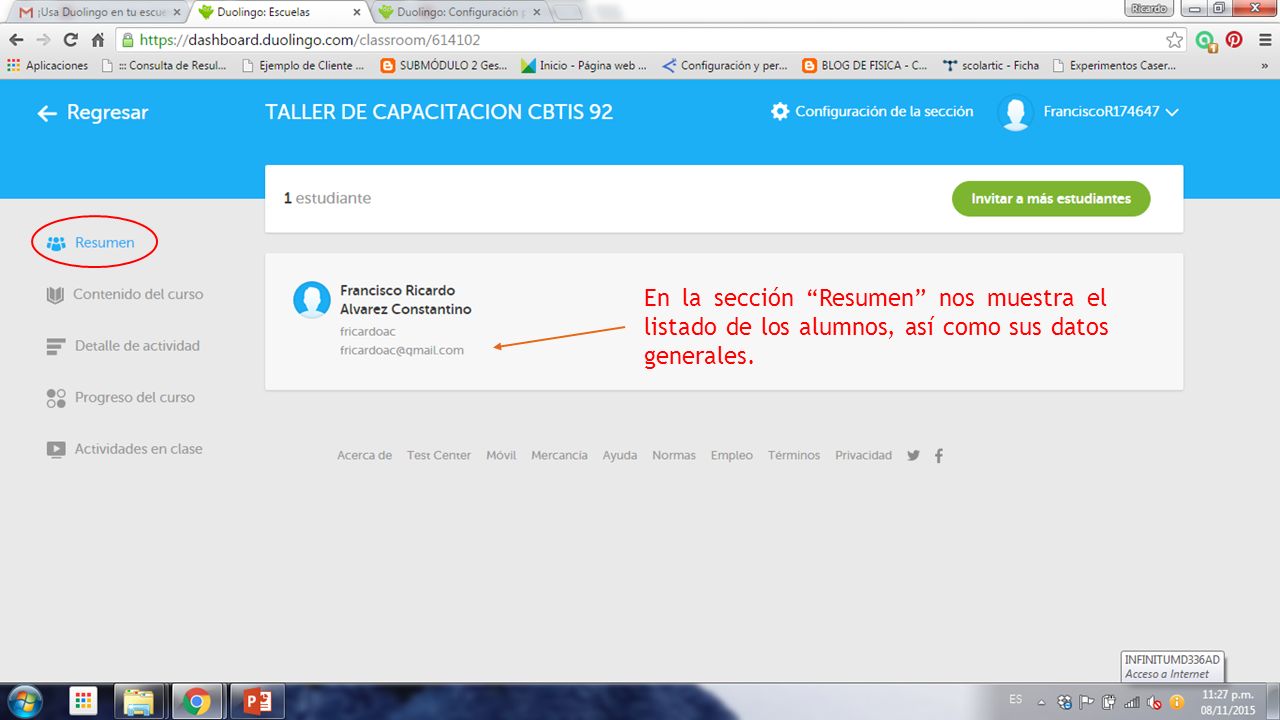 En la sección Resumen nos muestra el listado de los alumnos, así como sus datos generales.