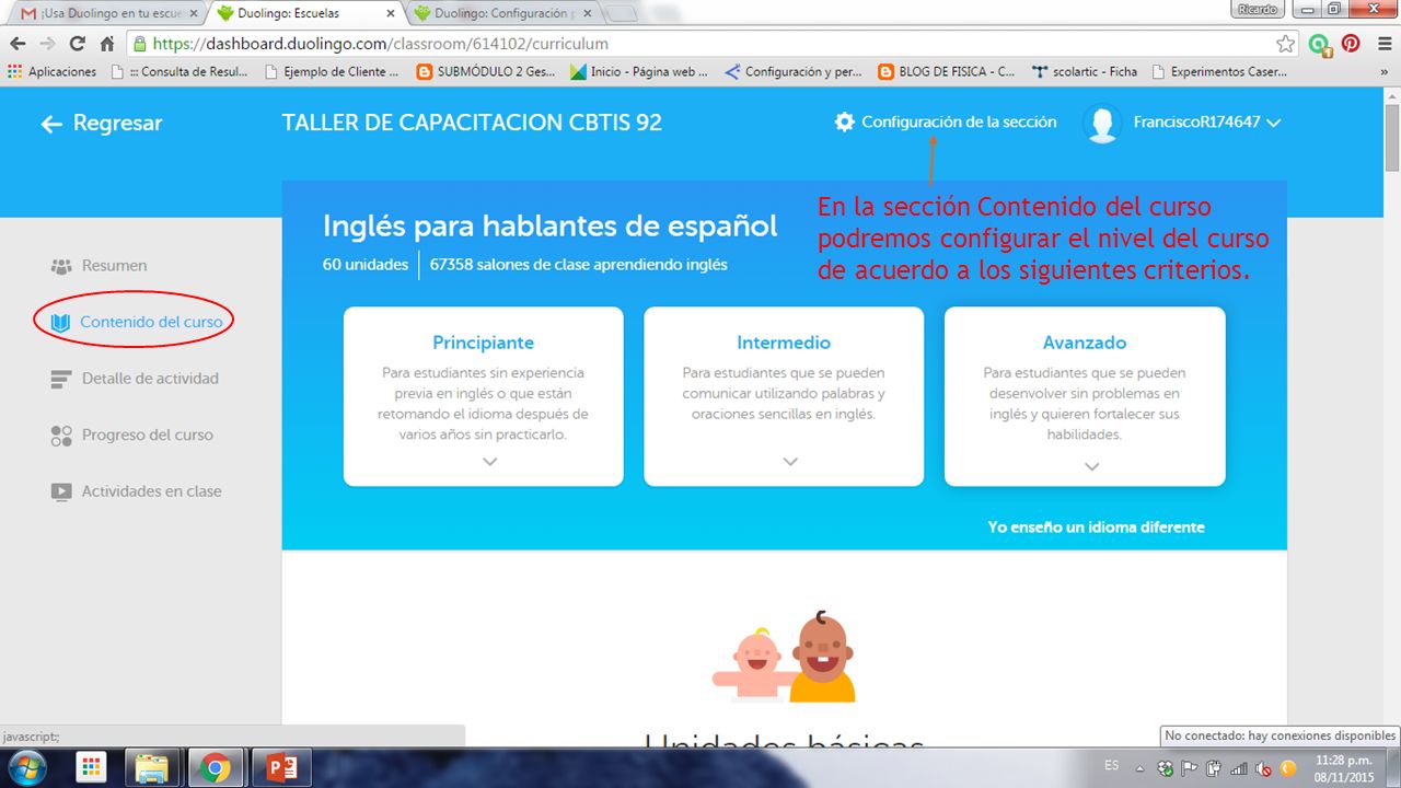 En la sección Contenido del curso podremos configurar el nivel del curso de acuerdo a los siguientes criterios.