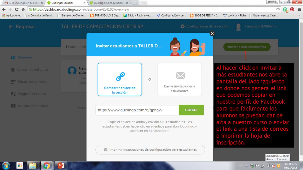 Al hacer click en Invitar a más estudiantes nos abre la pantalla del lado izquierdo en donde nos genera el link que podemos copiar en nuestro perfil de Facebook para que fácilmente los alumnos se puedan dar de alta a nuestro curso o enviar el link a una lista de correos o imprimir la hoja de inscripción.
