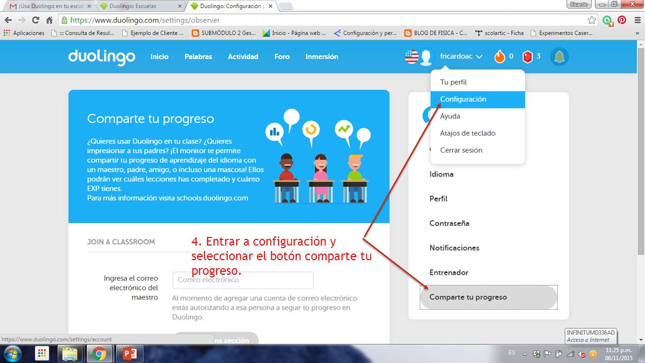 4. Entrar a configuración y seleccionar el botón comparte tu progreso.