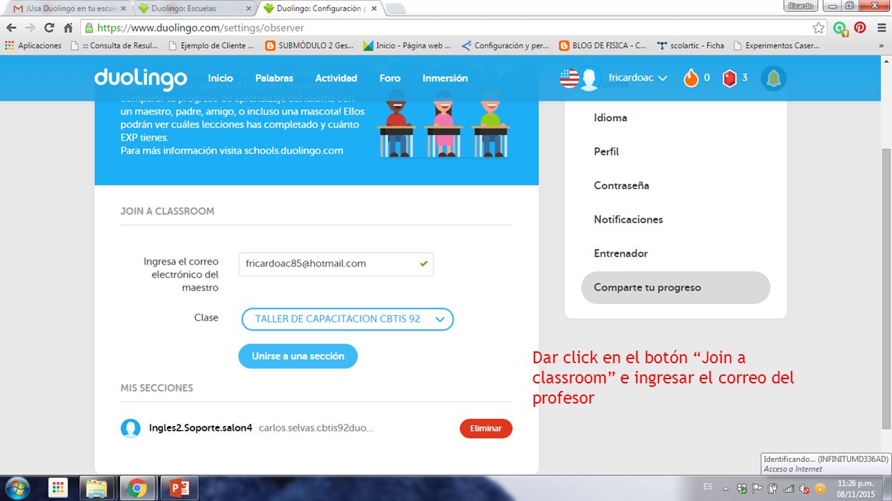 Dar click en el botón Join a classroom e ingresar el correo del profesor