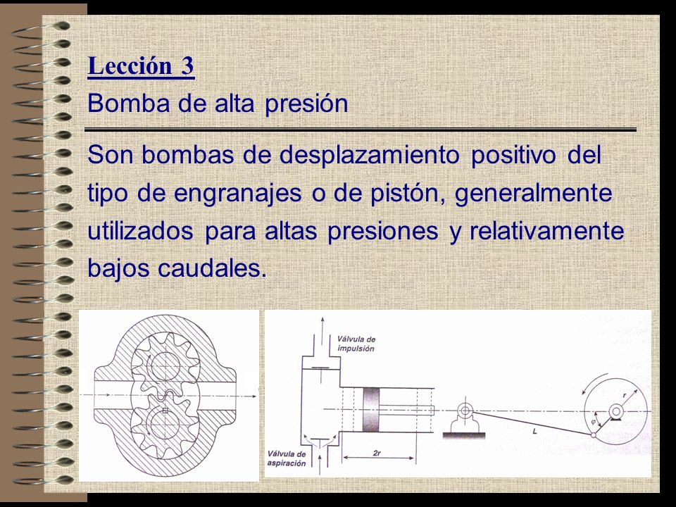 Lección 3 Bomba de alta presión. Son bombas de desplazamiento positivo del. tipo de engranajes o de pistón, generalmente.