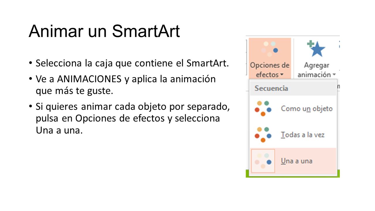 Animar un SmartArt Selecciona la caja que contiene el SmartArt.
