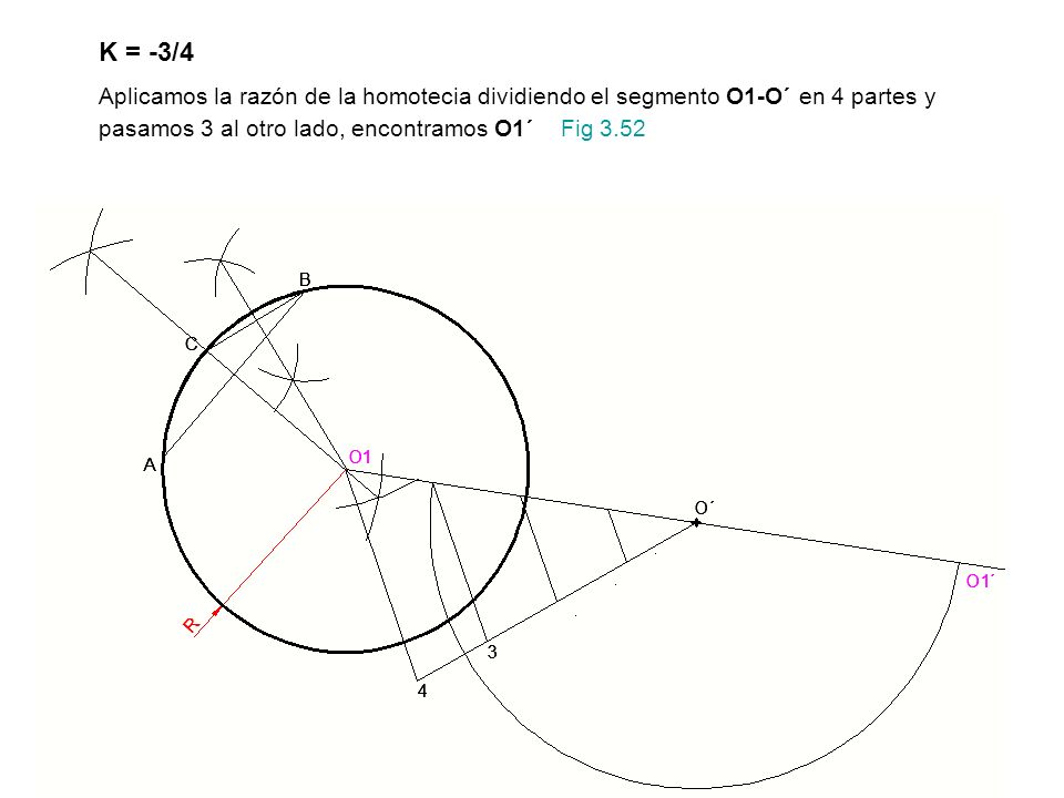 K = -3/4 Aplicamos la razón de la homotecia dividiendo el segmento O1-O´ en 4 partes y pasamos 3 al otro lado, encontramos O1´ Fig