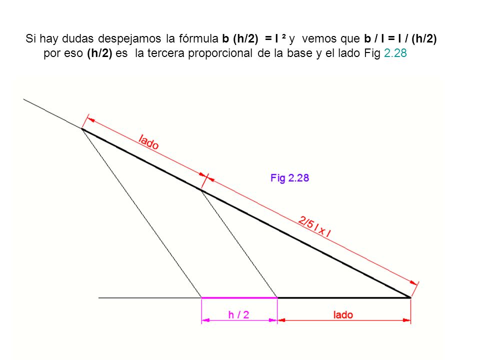 Si hay dudas despejamos la fórmula b (h/2) = l ² y vemos que b / l = l / (h/2) por eso (h/2) es la tercera proporcional de la base y el lado Fig 2.28