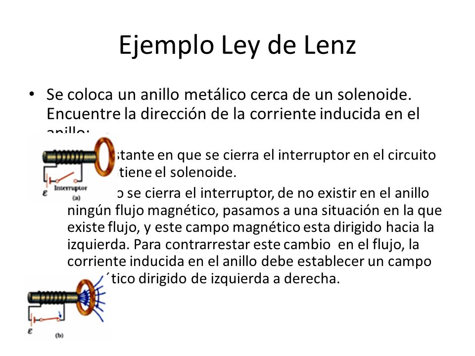 Ejemplo Ley de Lenz Se coloca un anillo metálico cerca de un solenoide. Encuentre la dirección de la corriente inducida en el anillo: