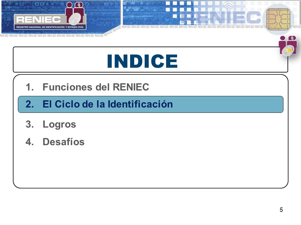 INDICE Funciones del RENIEC El Ciclo de la Identificación Logros
