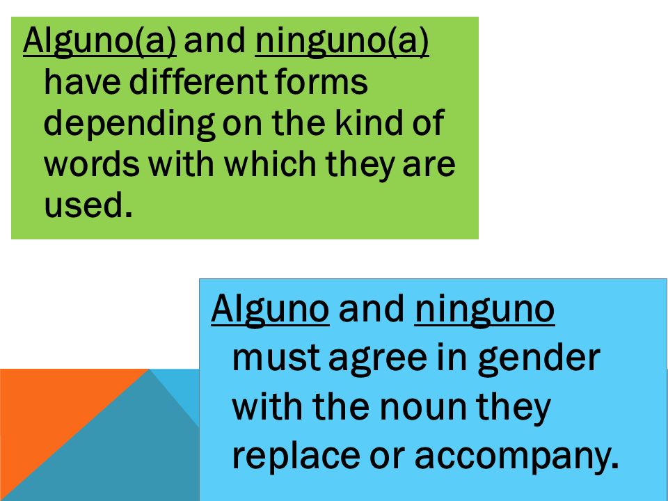 Alguno(a) and ninguno(a) have different forms depending on the kind of words with which they are used.
