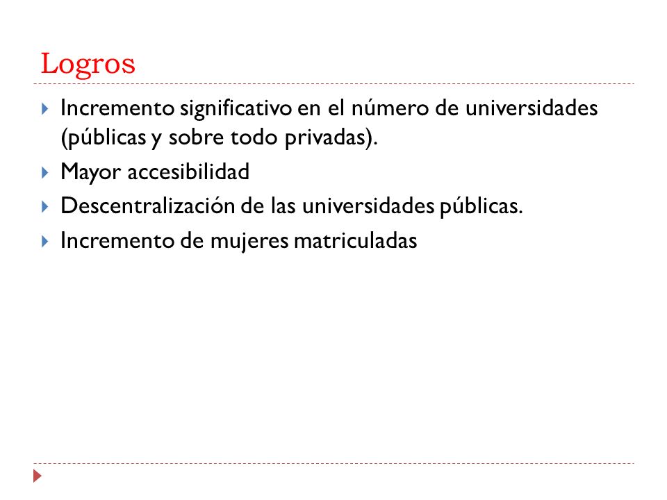 Logros Incremento significativo en el número de universidades (públicas y sobre todo privadas). Mayor accesibilidad.