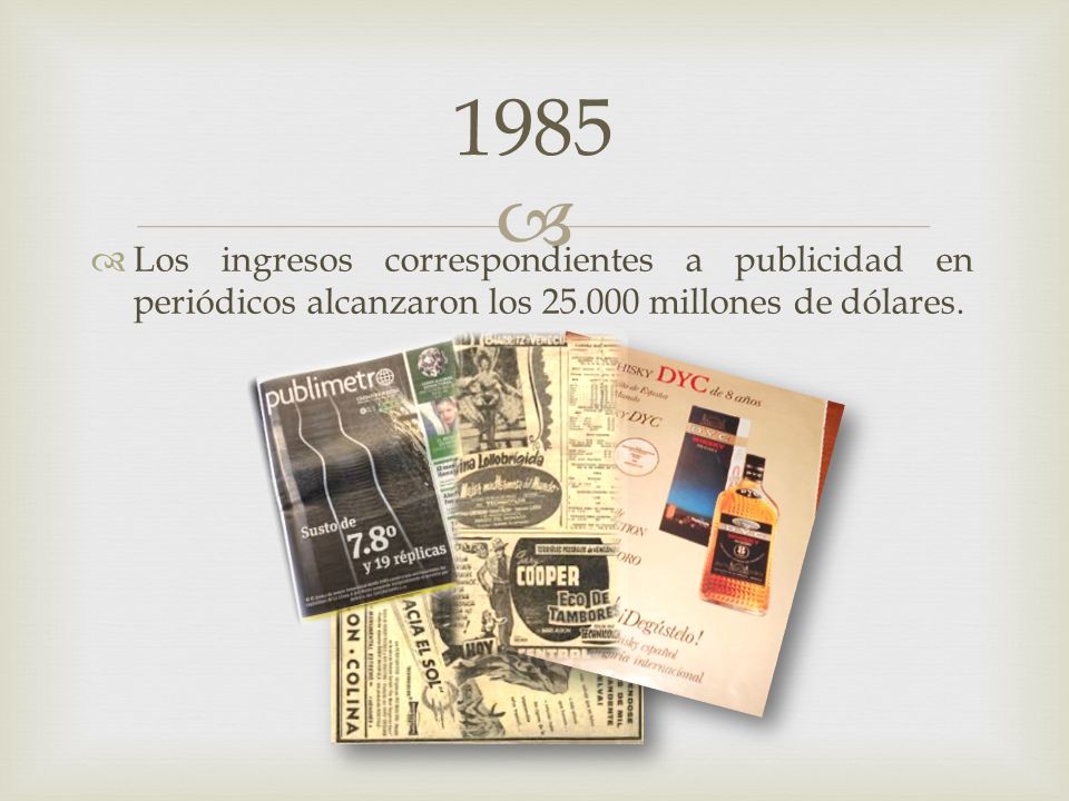 1985 Los ingresos correspondientes a publicidad en periódicos alcanzaron los millones de dólares.