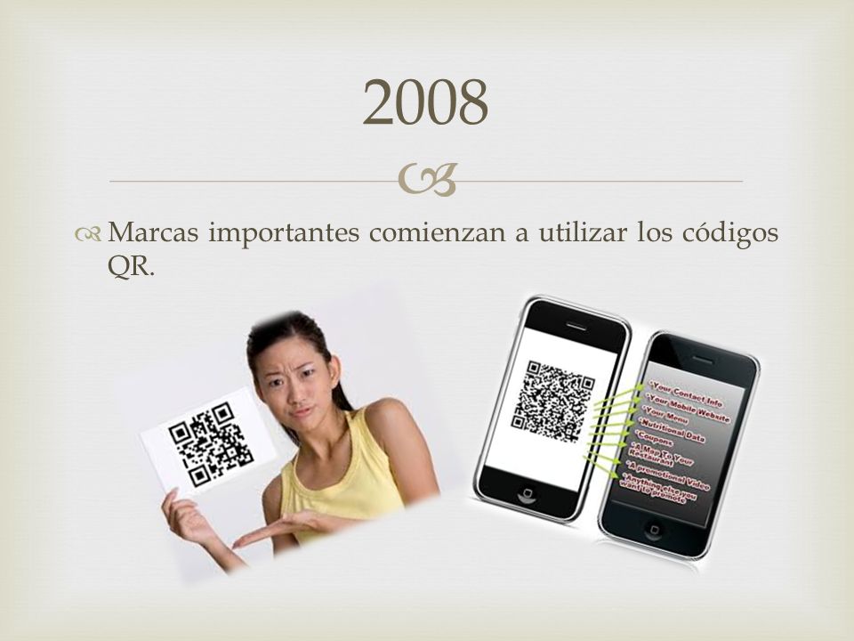 2008 Marcas importantes comienzan a utilizar los códigos QR.