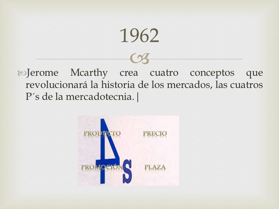 1962 Jerome Mcarthy crea cuatro conceptos que revolucionará la historia de los mercados, las cuatros P´s de la mercadotecnia.|