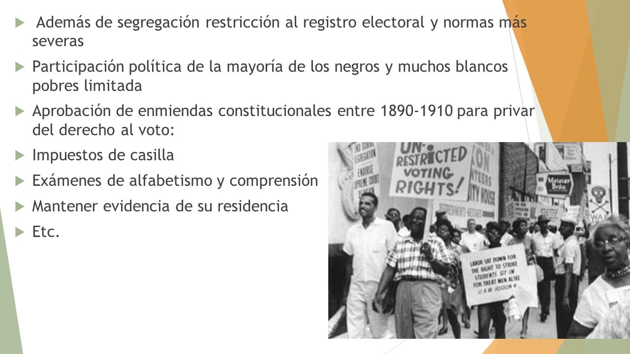 Además de segregación restricción al registro electoral y normas más severas