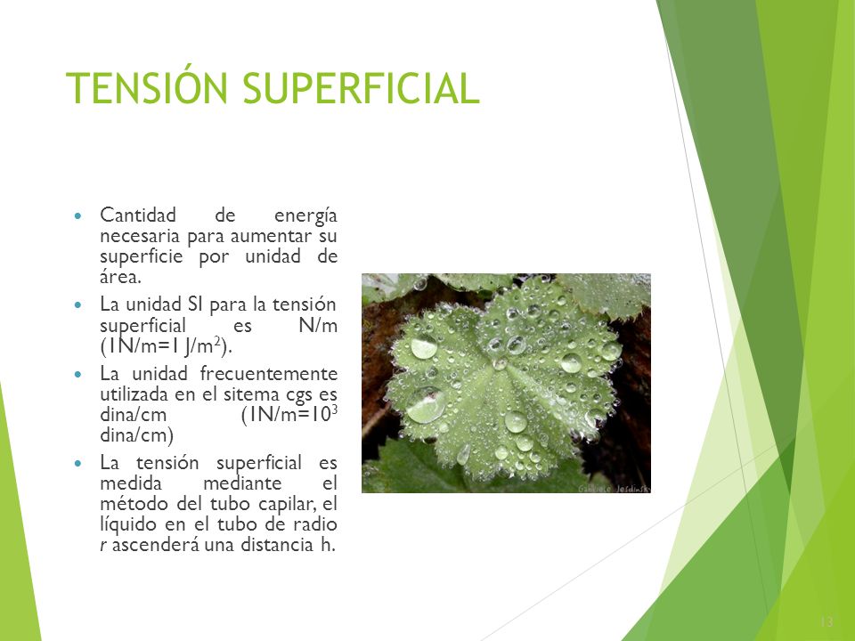 TENSIÓN SUPERFICIAL Cantidad de energía necesaria para aumentar su superficie por unidad de área.