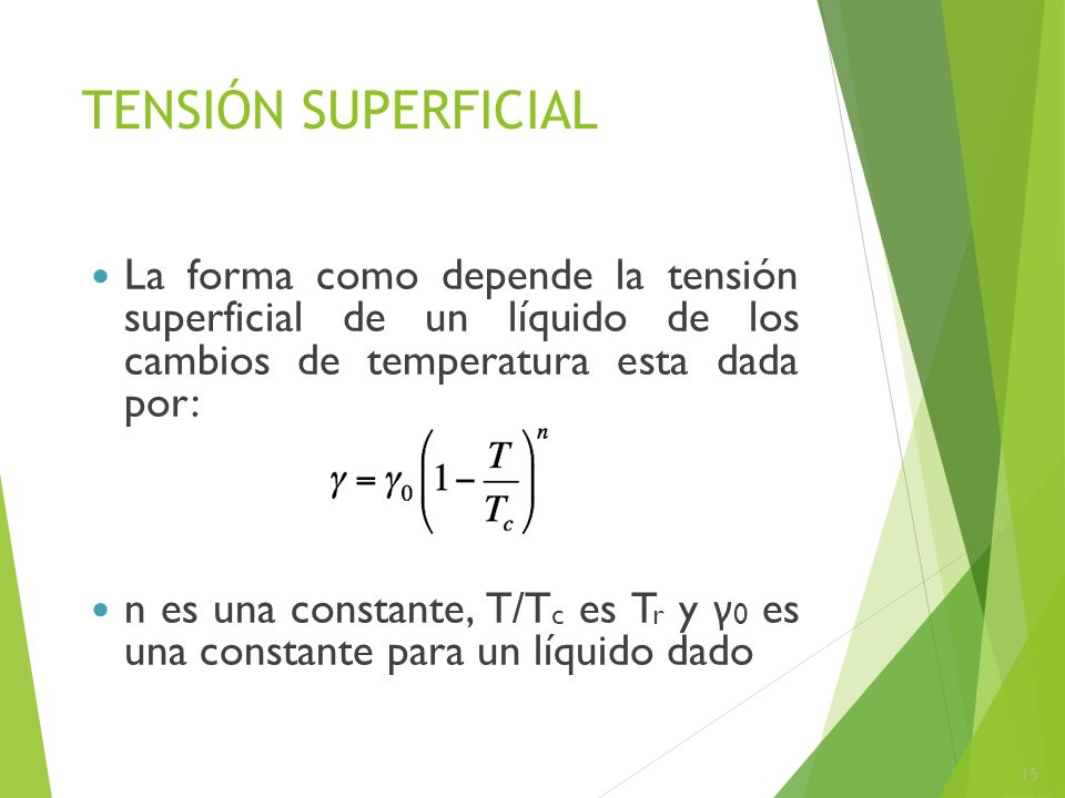 TENSIÓN SUPERFICIAL La forma como depende la tensión superficial de un líquido de los cambios de temperatura esta dada por: