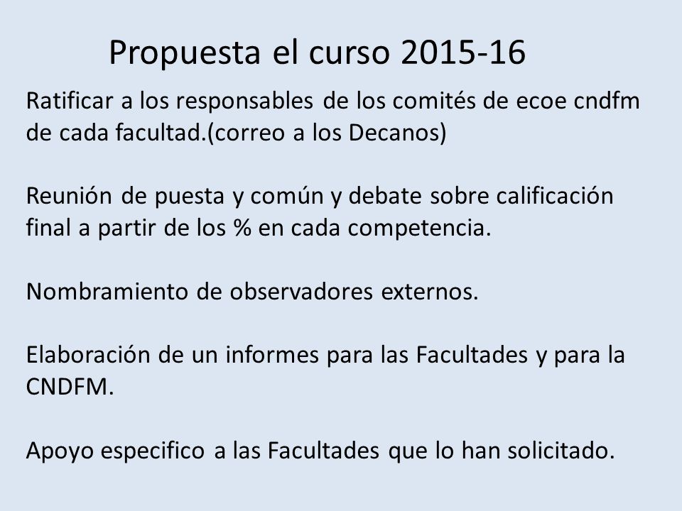 Propuesta el curso Ratificar a los responsables de los comités de ecoe cndfm de cada facultad.(correo a los Decanos)