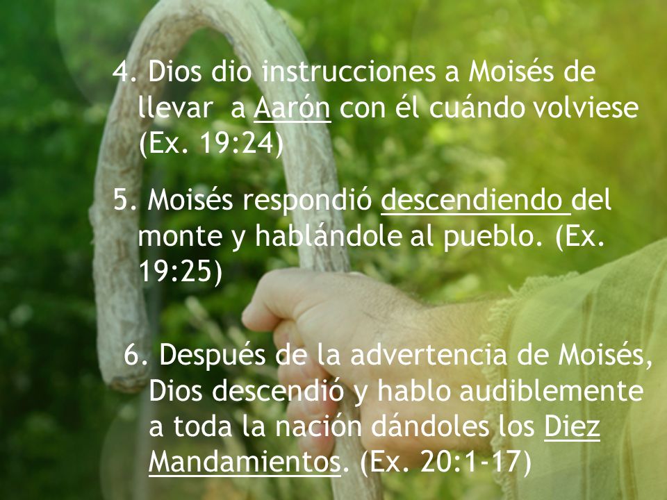 4. Dios dio instrucciones a Moisés de llevar a Aarón con él cuándo volviese (Ex. 19:24)