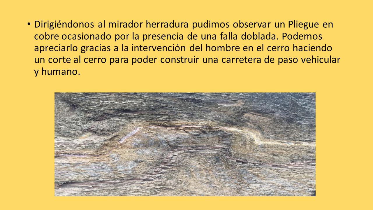 Dirigiéndonos al mirador herradura pudimos observar un Pliegue en cobre ocasionado por la presencia de una falla doblada.