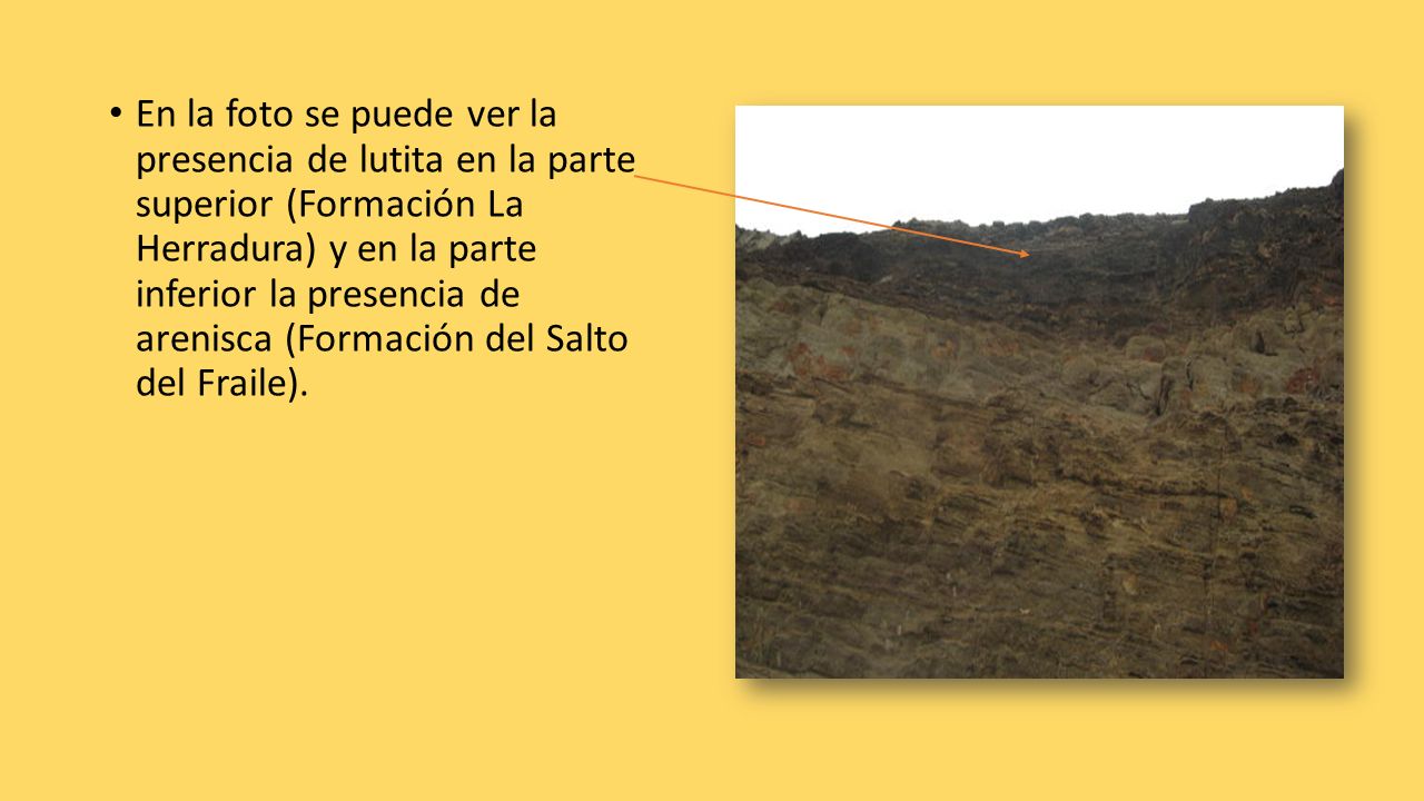 En la foto se puede ver la presencia de lutita en la parte superior (Formación La Herradura) y en la parte inferior la presencia de arenisca (Formación del Salto del Fraile).