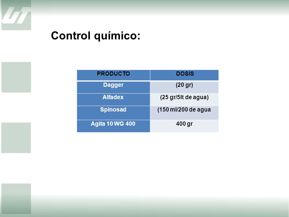 Control químico: PRODUCTO DOSIS Dagger (20 gr) Alfadex