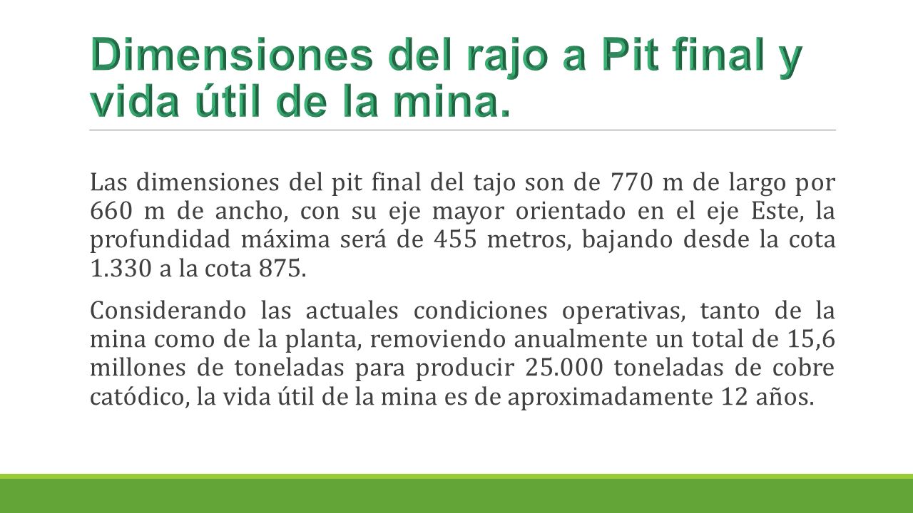 Dimensiones del rajo a Pit final y vida útil de la mina.