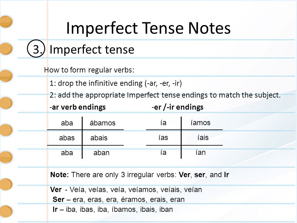Imperfect Tense Notes 3. Imperfect tense How to form regular verbs: