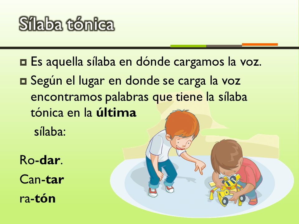 Sílaba tónica Es aquella sílaba en dónde cargamos la voz.