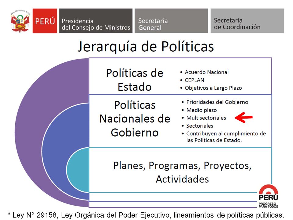 * Ley N° 29158, Ley Orgánica del Poder Ejecutivo, lineamientos de políticas públicas.