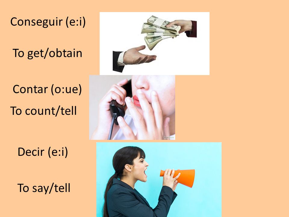 Conseguir (e:i) To get/obtain Contar (o:ue) To count/tell Decir (e:i) To say/tell
