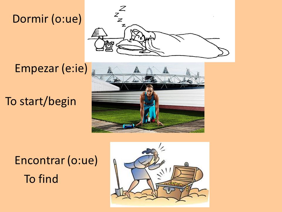 Dormir (o:ue) Empezar (e:ie) To start/begin Encontrar (o:ue) To find