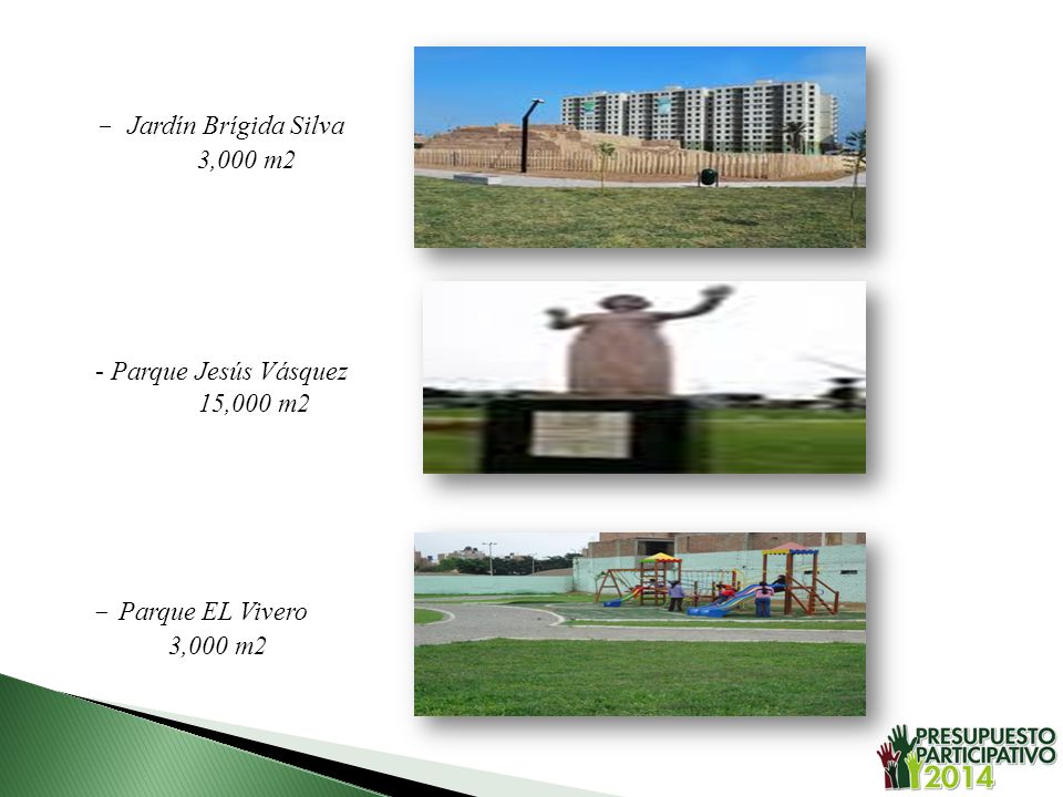 - Jardín Brígida Silva 3,000 m2 Parque Jesús Vásquez 15,000 m2 Parque EL Vivero 3,000 m2