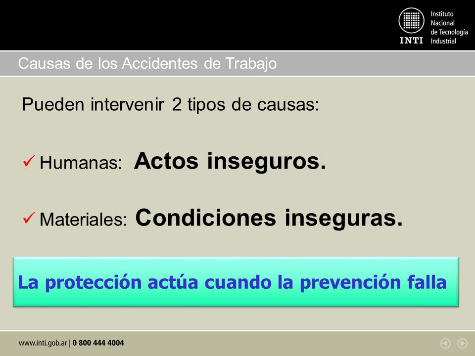 Pueden intervenir 2 tipos de causas: Humanas: Actos inseguros.