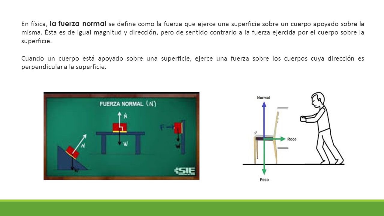En física, la fuerza normal se define como la fuerza que ejerce una superficie sobre un cuerpo apoyado sobre la misma. Ésta es de igual magnitud y dirección, pero de sentido contrario a la fuerza ejercida por el cuerpo sobre la superficie.