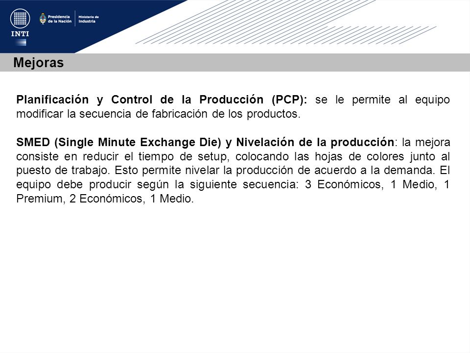 Mejoras Mejoras. Planificación y Control de la Producción (PCP): se le permite al equipo modificar la secuencia de fabricación de los productos.