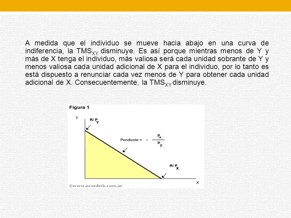 A medida que el individuo se mueve hacia abajo en una curva de indiferencia, la TMSXY disminuye.