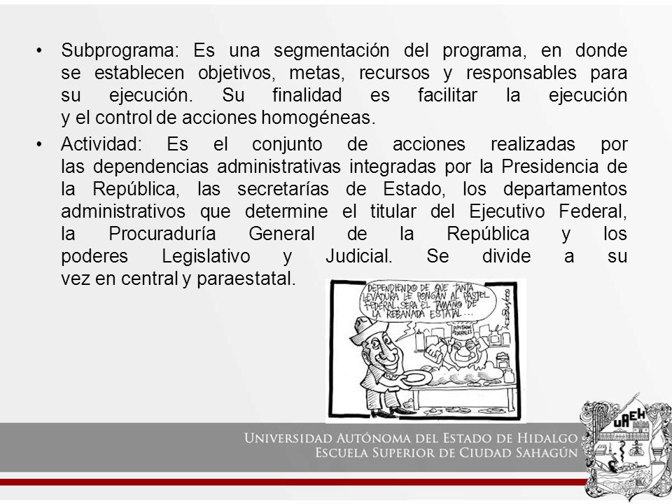 Subprograma: Es una segmentación del programa, en donde se establecen objetivos, metas, recursos y responsables para su ejecución. Su finalidad es facilitar la ejecución y el control de acciones homogéneas.