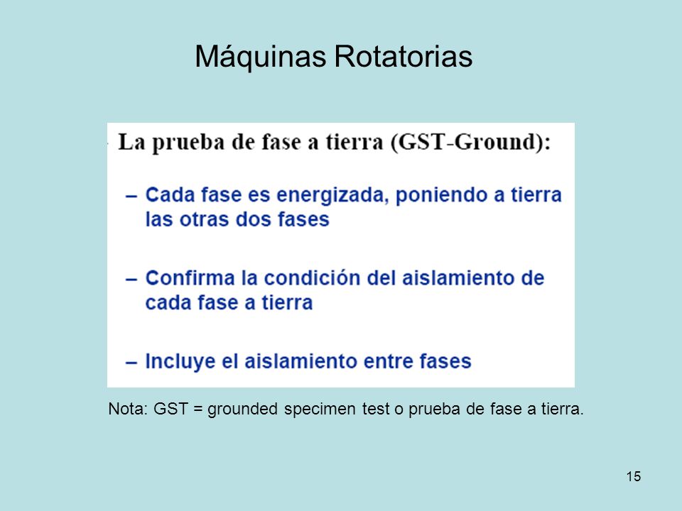 Máquinas Rotatorias Nota: GST = grounded specimen test o prueba de fase a tierra.