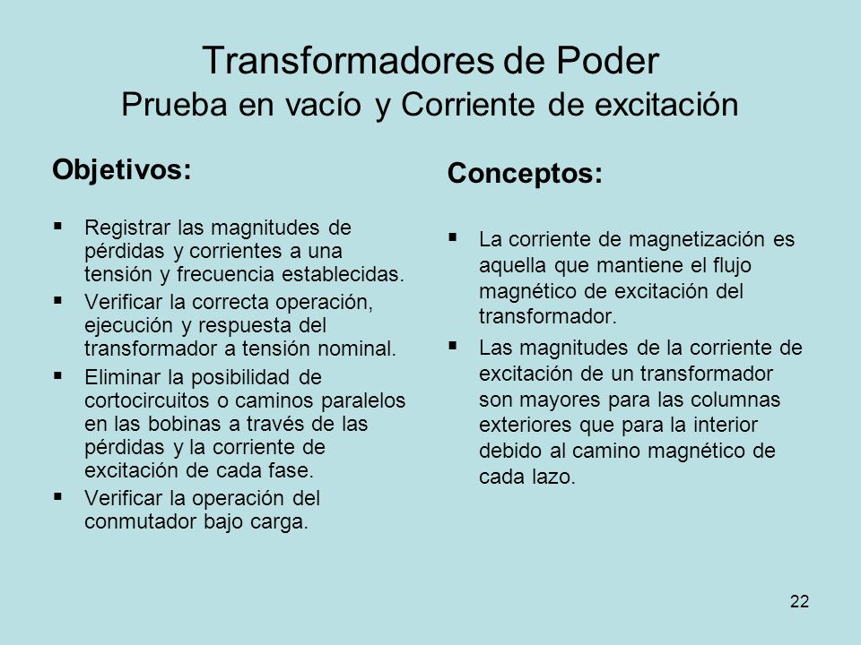 Transformadores de Poder Prueba en vacío y Corriente de excitación