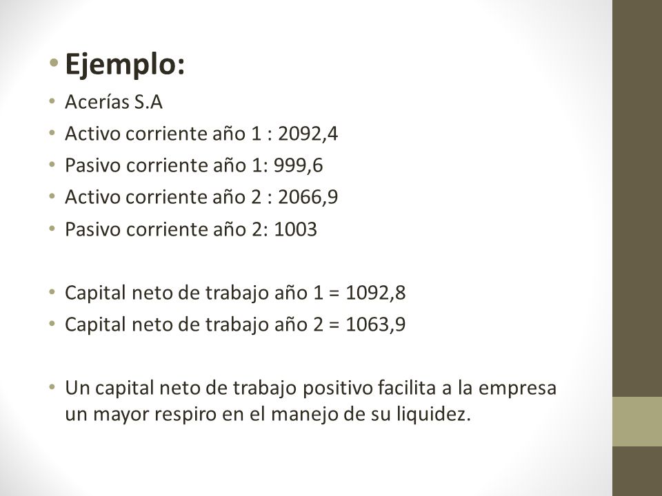 Ejemplo: Acerías S.A Activo corriente año 1 : 2092,4