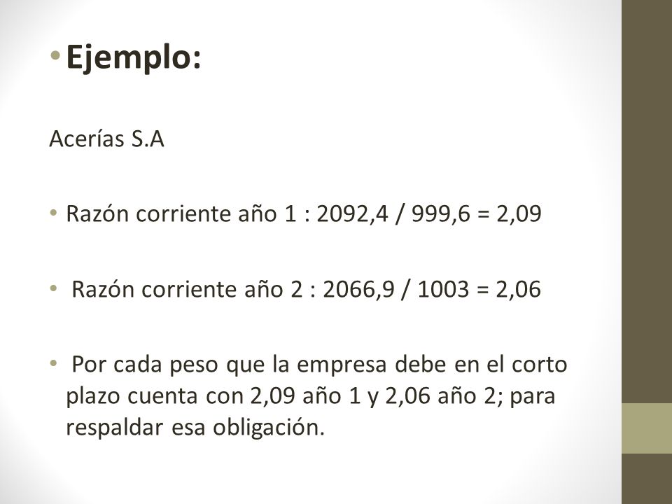 Ejemplo: Acerías S.A Razón corriente año 1 : 2092,4 / 999,6 = 2,09