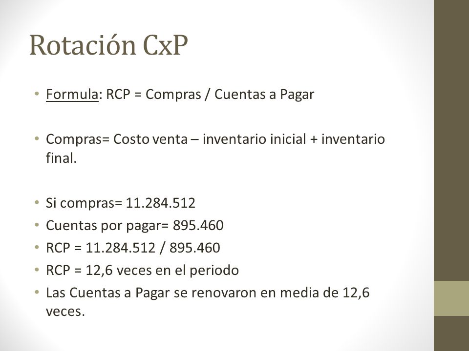 Rotación CxP Formula: RCP = Compras / Cuentas a Pagar