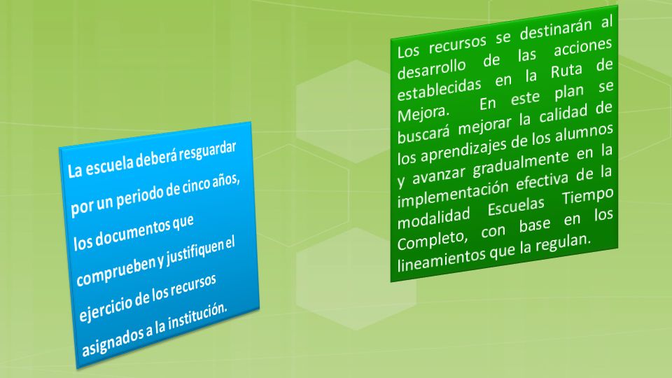 Los recursos se destinarán al desarrollo de las acciones establecidas en la Ruta de Mejora. En este plan se buscará mejorar la calidad de los aprendizajes de los alumnos y avanzar gradualmente en la implementación efectiva de la modalidad Escuelas Tiempo Completo, con base en los lineamientos que la regulan.
