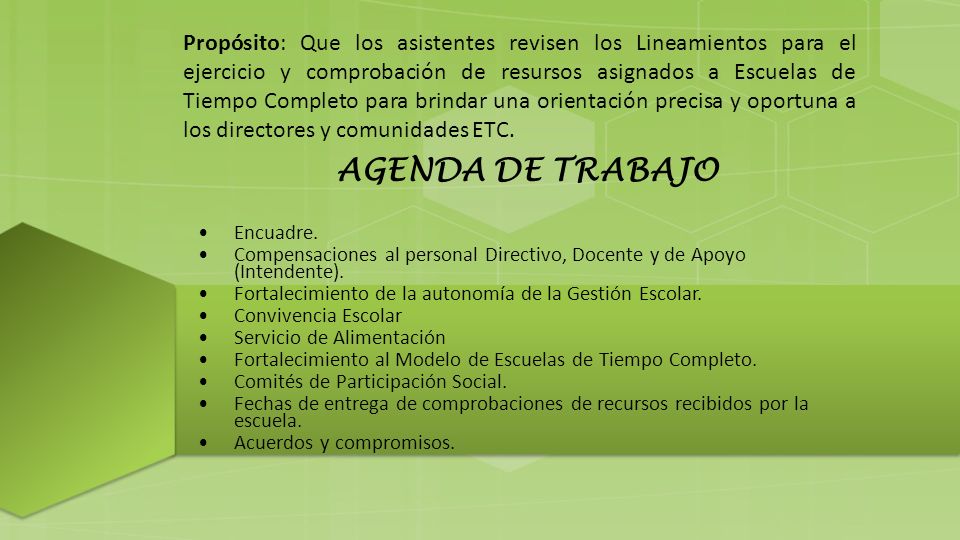 Propósito: Que los asistentes revisen los Lineamientos para el ejercicio y comprobación de resursos asignados a Escuelas de Tiempo Completo para brindar una orientación precisa y oportuna a los directores y comunidades ETC.