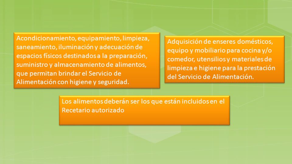 Acondicionamiento, equipamiento, limpieza, saneamiento, iluminación y adecuación de espacios físicos destinados a la preparación, suministro y almacenamiento de alimentos, que permitan brindar el Servicio de Alimentación con higiene y seguridad.