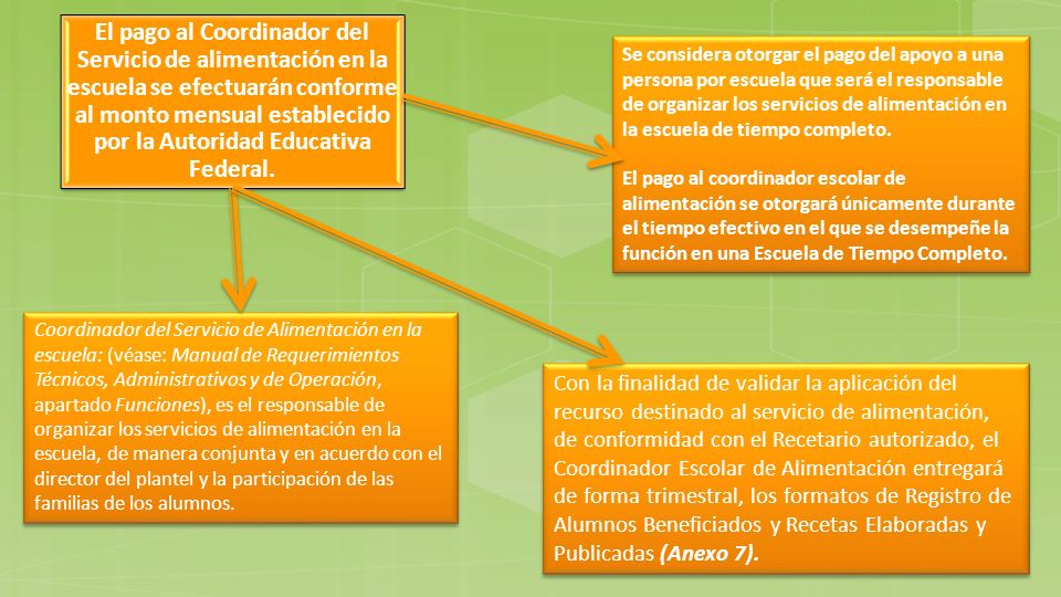 El pago al Coordinador del Servicio de alimentación en la escuela se efectuarán conforme al monto mensual establecido por la Autoridad Educativa Federal.