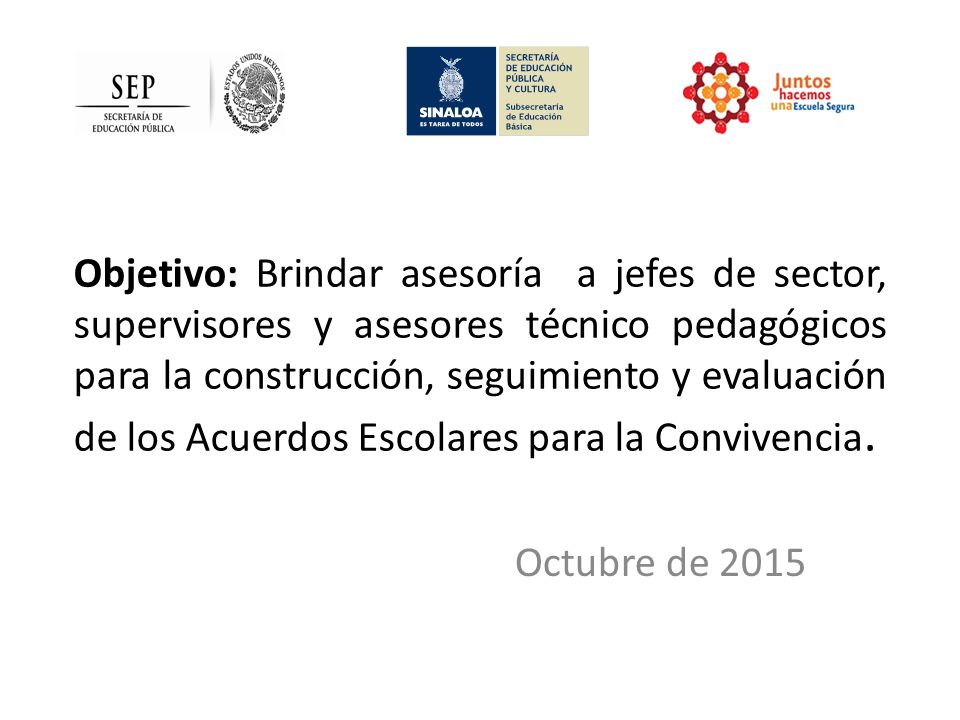 Objetivo: Brindar asesoría a jefes de sector, supervisores y asesores técnico pedagógicos para la construcción, seguimiento y evaluación de los Acuerdos Escolares para la Convivencia.