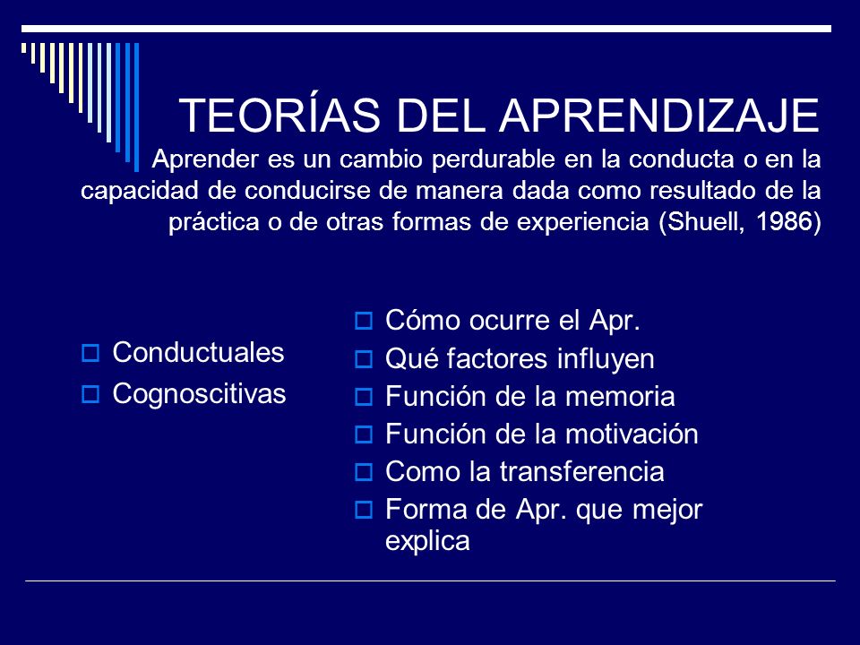 TEORÍAS DEL APRENDIZAJE Aprender es un cambio perdurable en la conducta o en la capacidad de conducirse de manera dada como resultado de la práctica o de otras formas de experiencia (Shuell, 1986)