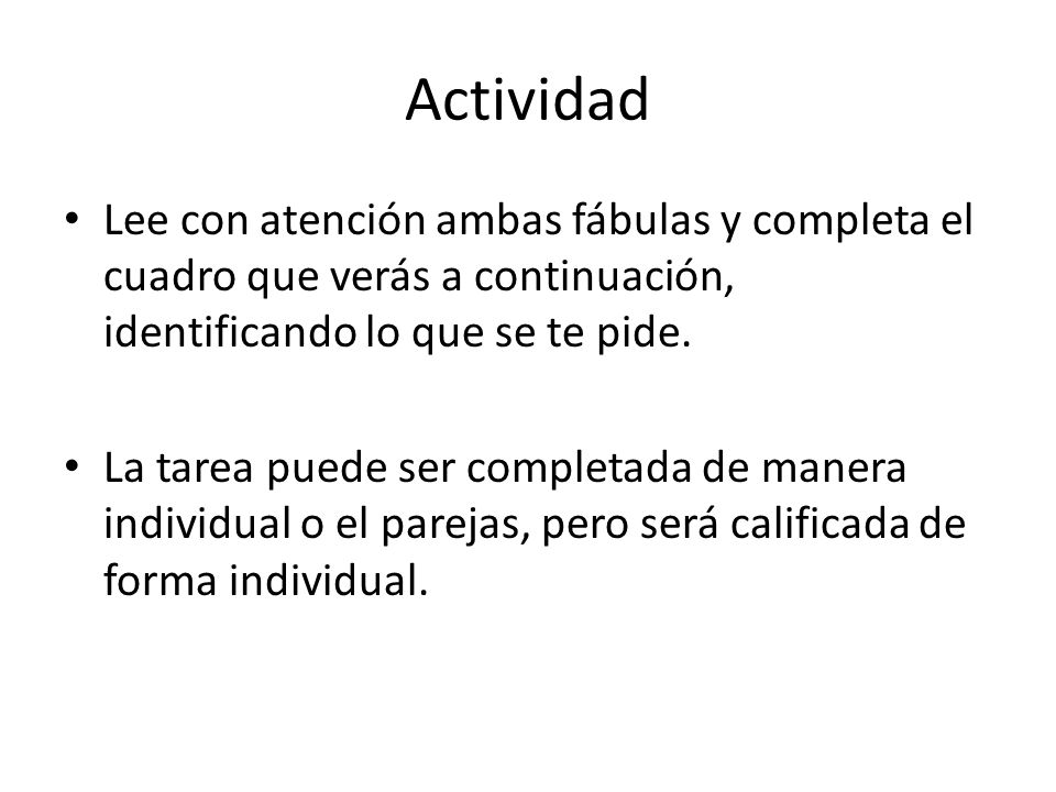 Actividad Lee con atención ambas fábulas y completa el cuadro que verás a continuación, identificando lo que se te pide.